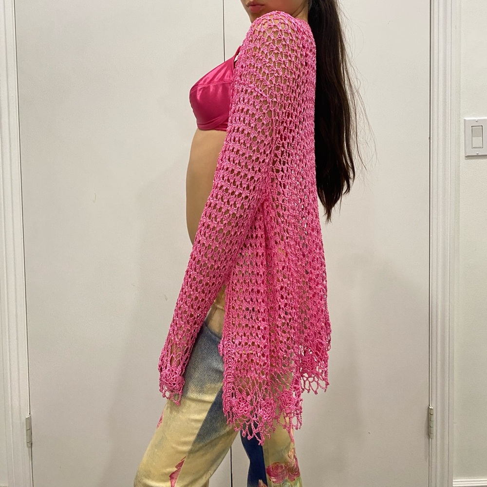 Vintage Pink Crochet Open-Front Cardigan